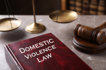 domestic violence book, scales and gavel