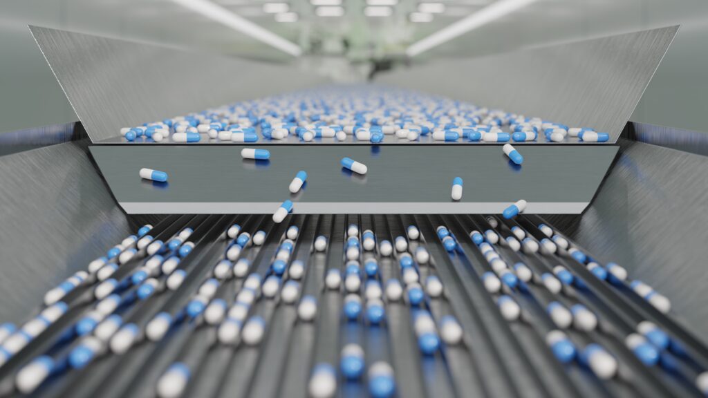Production line for mass-produced blue capsules