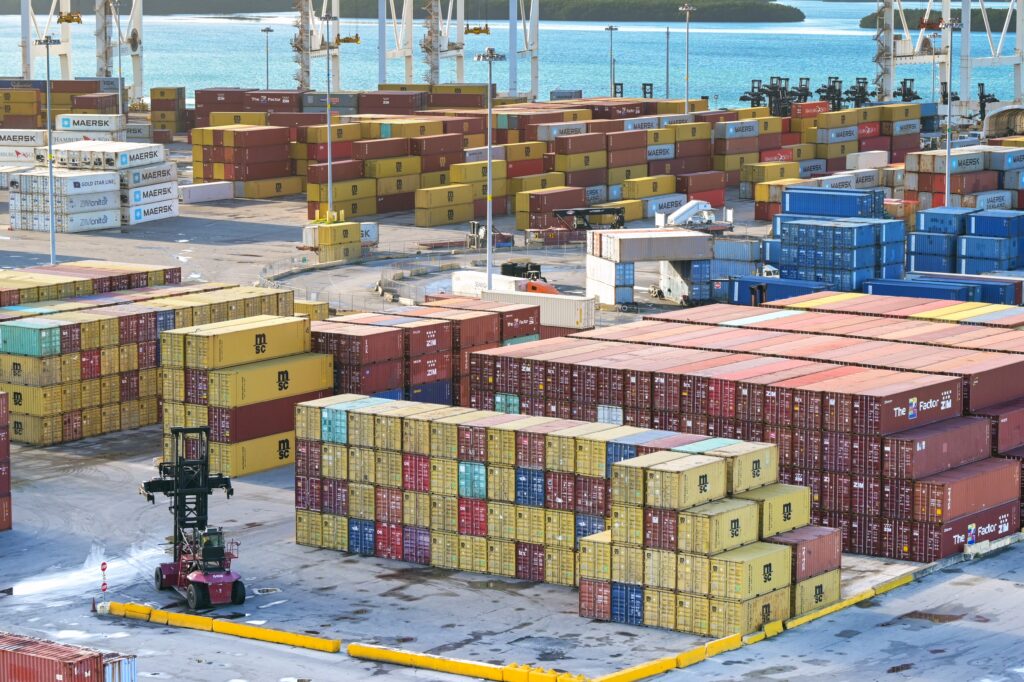 Shipping containers stacked in rows in the port of Miami