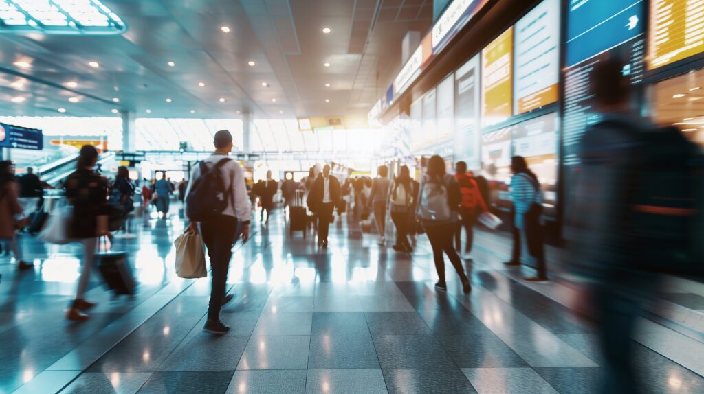 Busy airport with walking blurred defocused people