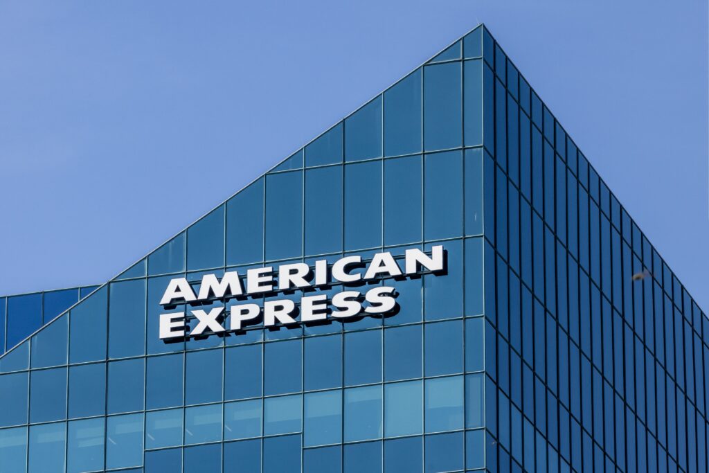 The American Express sign on a glass high rise office building